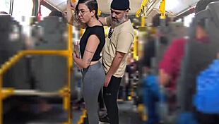 Slutty student licks pussy flashes gets cumshot on public bus ass