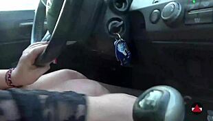 Petite brunette slips off heels to drive stick shift barefoot in public car thrill