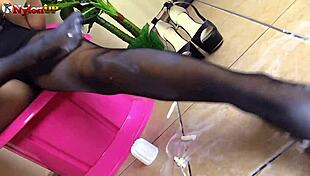 brunette in wet pantyhose heels gives messy footjob creampie to cock pov kinky👠💦