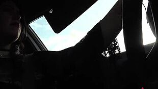 Petite brunette slips off heels to drive stick shift barefoot in public car thrill