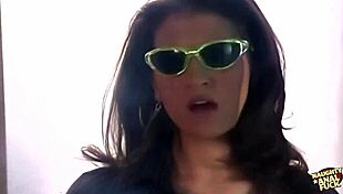 busty babe in glasses, watch her lick as brunette rides cock doggystyle deepthroat cum