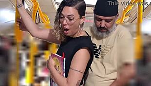 Slutty student licks pussy flashes gets cumshot on public bus ass