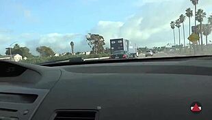 Petite brunette slips off heels to drive stick shift barefoot in public car thrill