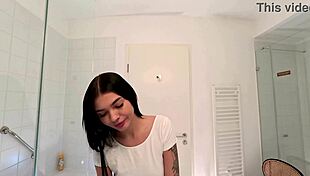 Hot Slim Brunette Flashes Tight Pussy in Pink Miniskirt Bathroom