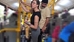 Slutty student licks pussy flashes gets cumshot on public bus ass