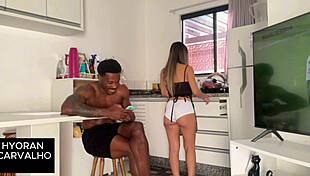 Maid jumps on huge cock while wife is out bbc creampie interracial