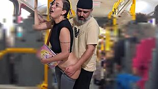 Slutty student licks pussy flashes gets cumshot on public bus ass