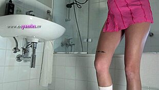 Hot Slim Brunette Flashes Tight Pussy in Pink Miniskirt Bathroom