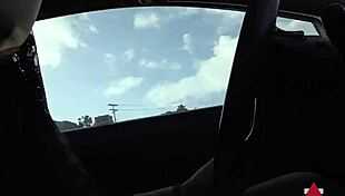 Petite brunette slips off heels to drive stick shift barefoot in public car thrill