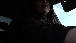 Petite brunette slips off heels to drive stick shift barefoot in public car thrill