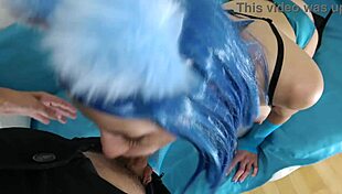 blue haired milf in sexy outfit takes rough throatpie after multiple deep destroys