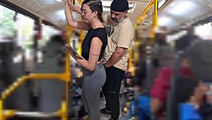 Slutty student licks pussy flashes gets cumshot on public bus ass