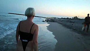 BLONDE FLASHES TITS then SUCKS COCK on crowded beach