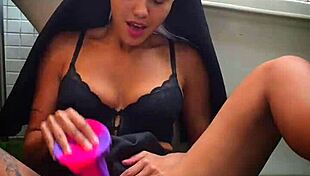 Nun's tight big pussy explodes with monster vibrator!