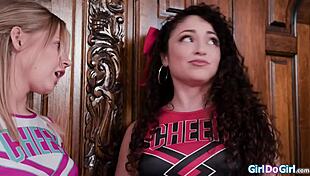 petite cheerleaders sneak licks and fingering fun when no one's around to catch them
