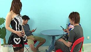 imagine a japanese maid giving passionate blowjobs to a trio in messy group fun