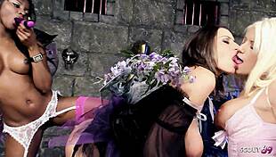 black ebony seduced into first lesbian threesome by two sexy girls licking her pussy