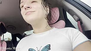 chubby dakota marr flashes hairy pussy fingering hard while driving public roads