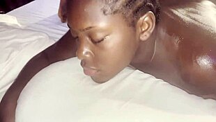 Curvy big tits ebony gets sensual bbc massage while stroking huge cock