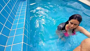 My half-sister gasped at my hard cock by the pool then rode it