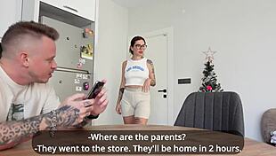 Stepsister bends over kitchen table for stepbrother's rough panty fuck and orgasm