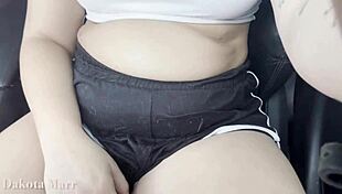 chubby dakota marr flashes hairy pussy fingering hard while driving public roads