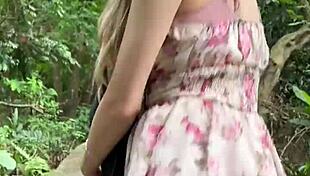 curious asian girl explores herself openly on the mountain trail