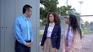 green teen student in miniskirt moans during dirty teacher ffm interracial fucking orgasm