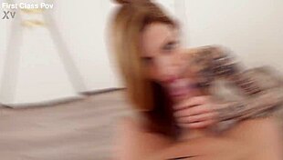 Tattooed blonde Penny Archer gags on cock in rough face fuck