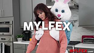 mylfex easter bunny milf in kitchen gets deepthroated and jerked by horny cougar lover?
