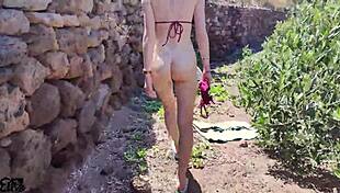 Italian beauty takes rough outdoor pounding behind olive tree