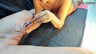 Femdom Milf's Gentle Cock Handjob Erupts in Huge Cum Fountain for Eager Swallow