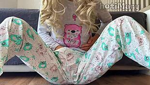 hey watch this petite schoolgirl in pajamas finger her small tits pussy till squirting
