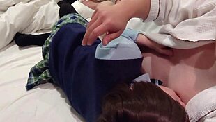 Straddling cock cowgirl in school uniform begging for creamy creampie fill-up