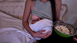 Stepmother gently breastfeeds her adult stepson in intimate roleplay moment