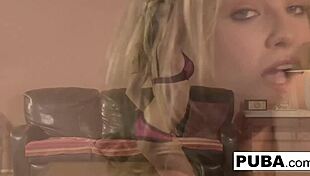 pornstar babe spreads pussy on desk for hot solo masturbation tease