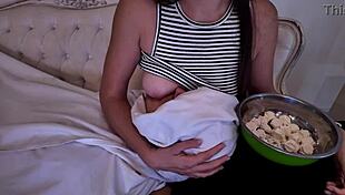 Stepmother gently breastfeeds her adult stepson in intimate roleplay moment