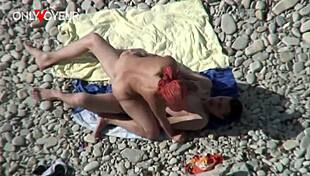 busty cougar milf flashes big natural tits on beach then bends over for young guys hard doggystyle pounding