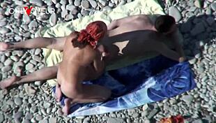busty cougar milf flashes big natural tits on beach then bends over for young guys hard doggystyle pounding