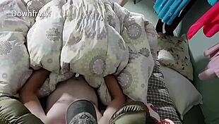 Puffy Nylon Fetish Humping Compilation On Down Comforter With Massive Cumshots