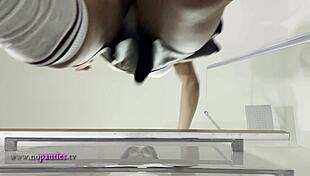 i'm so horny watching this petite brunette in miniskirt get ignored in bathroom