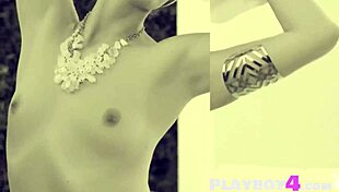 blonde babe poses naked revealing natural big tits