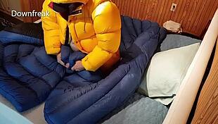 Puffy Nylon Fetish Humping Compilation On Down Comforter With Massive Cumshots
