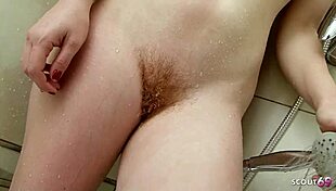 Real fiery redhead teen with hairy bush rides neighbor's big black cock before quick shower