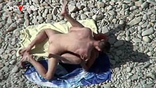 busty cougar milf flashes big natural tits on beach then bends over for young guys hard doggystyle pounding