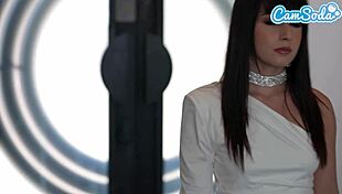 Lesbian boss in suit scissoring secretary's wet pussy to orgasm before office party