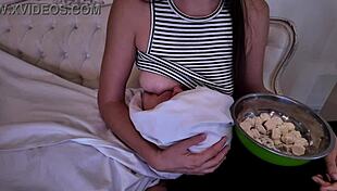 Stepmother gently breastfeeds her adult stepson in intimate roleplay moment