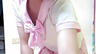 Shoving huge dildo deep into ting xuan's tight shemale anal hole