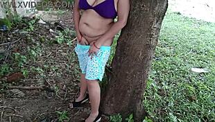 Curious stepmom explores alone in the forest with natural urges.