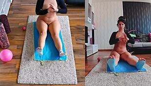 Curvy milf goes naughty naked for dual cam yoga spreading big ass